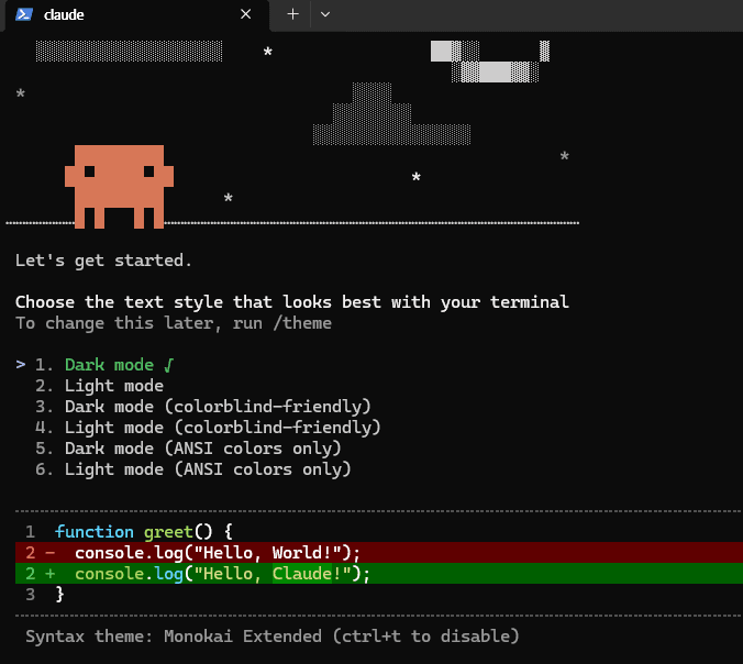 Claude Code ์ฒซ ์คํ โ ํ
๋ง ์ ํ ํ๋ฉด