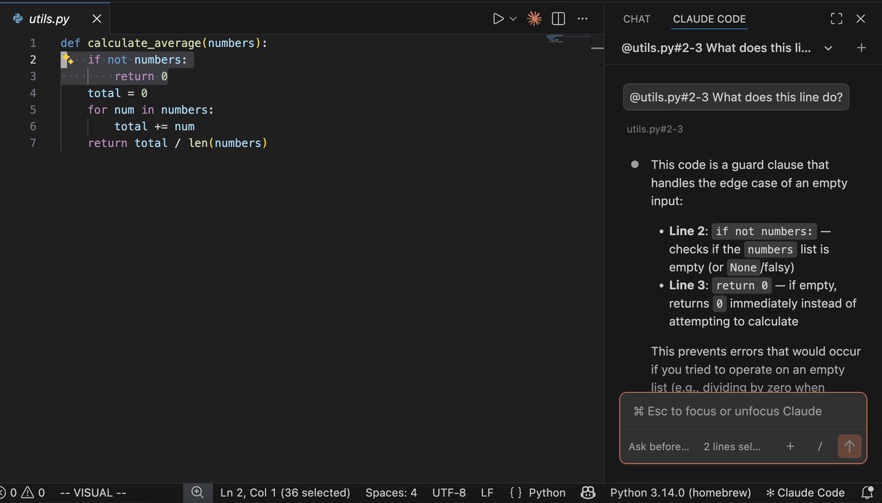 VSCode에서 Claude Code에 프롬프트를 보내는 화면 — 파일을 @로 참조하면서 AI에게 질문할 수 있다
