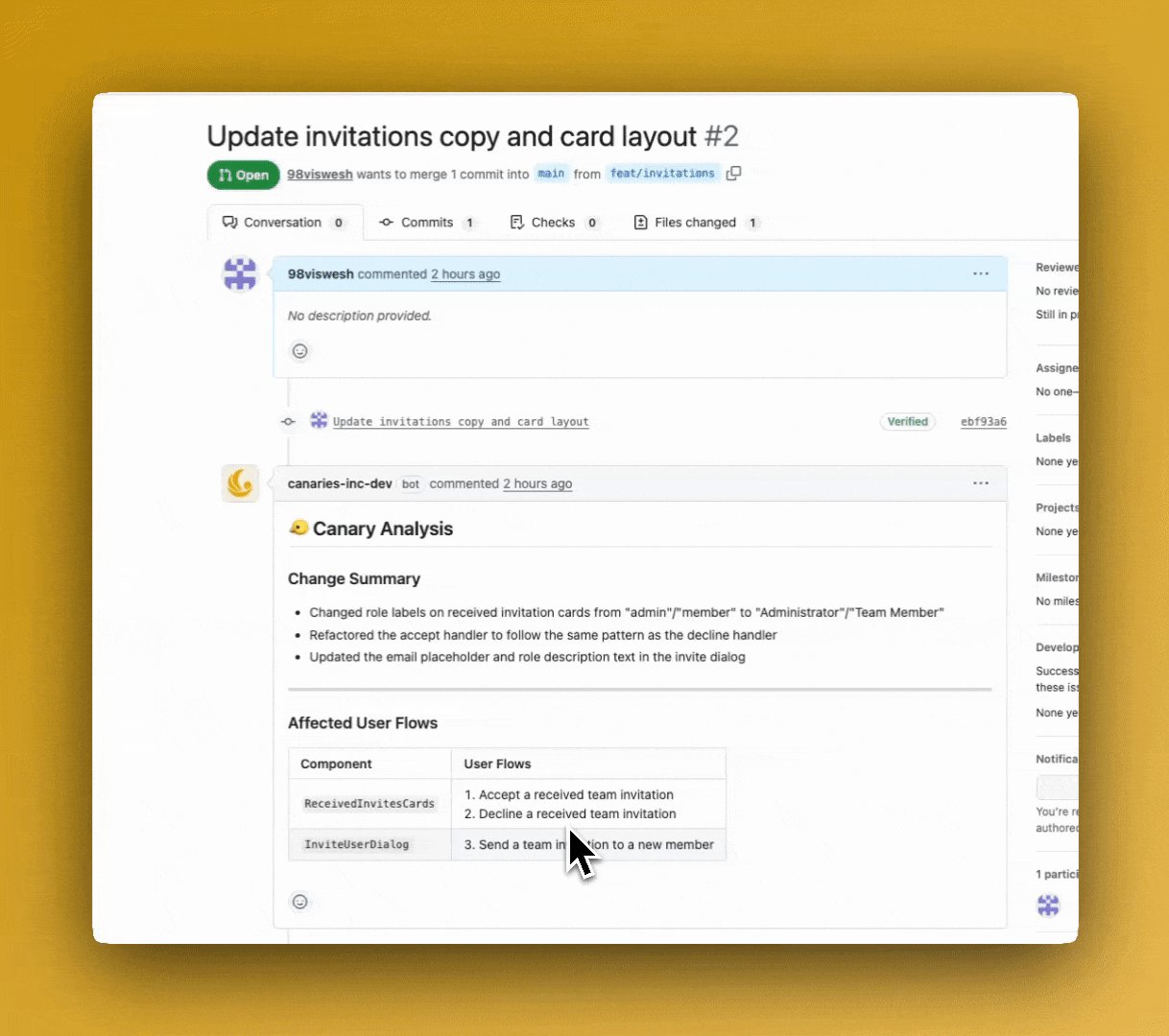 Canary가 GitHub PR에 남긴 분석 댓글 — 코드 변경 요약과 영향받는 기능 목록을 자동으로 정리한 화면