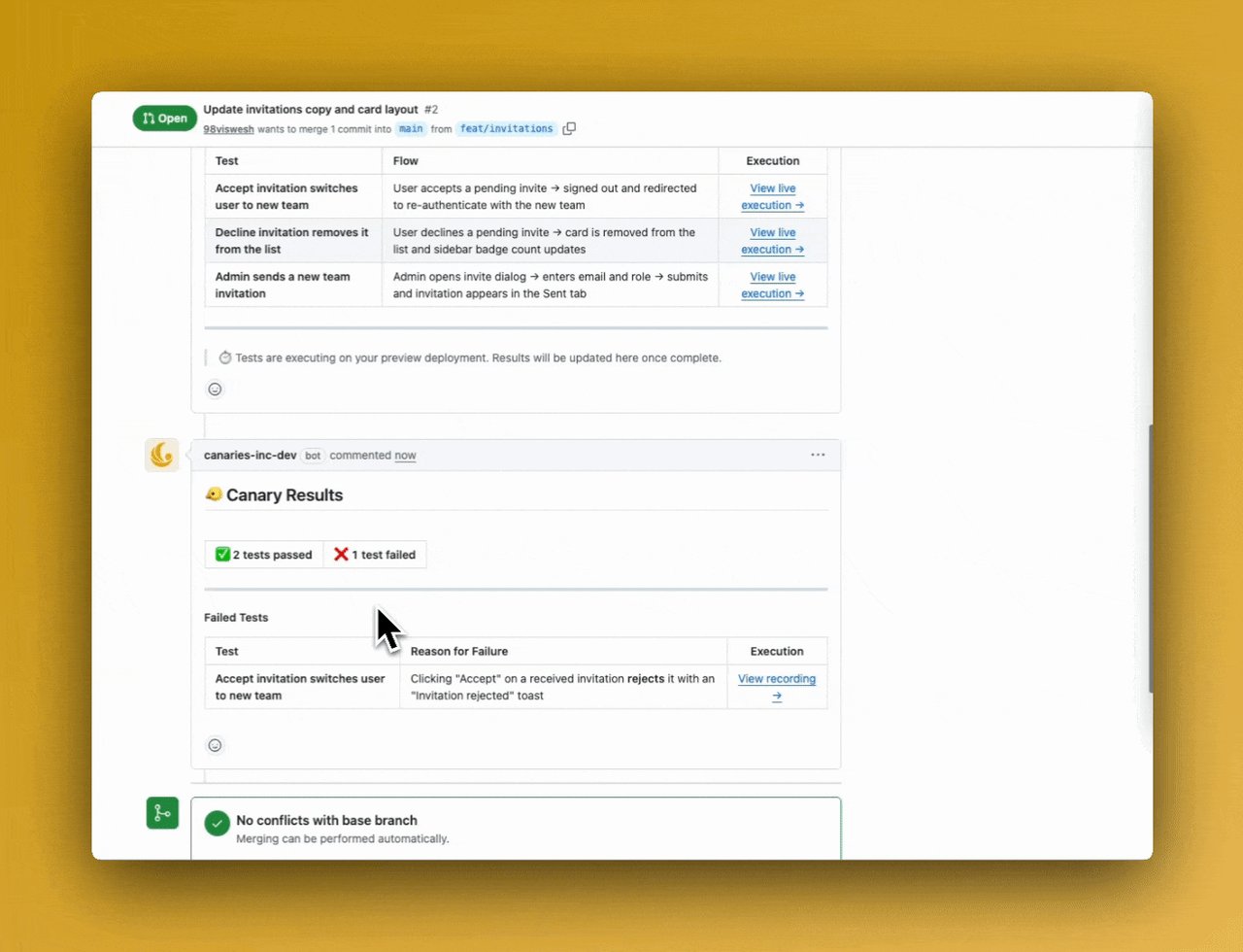 Canary 테스트 결과 화면 — 통과한 테스트와 실패한 테스트를 PR 댓글로 자동 보고하는 모습