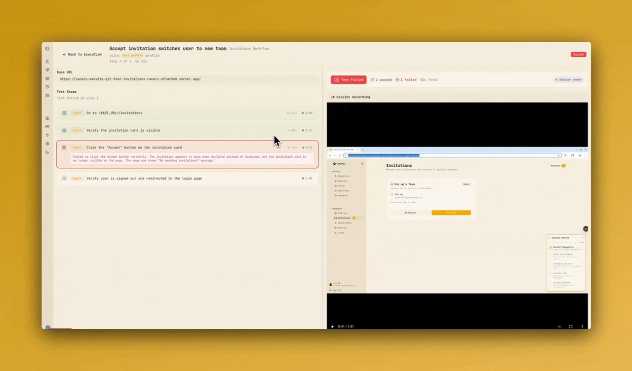 Canary 버그 재현 화면 — 테스트 실패 시 실제 브라우저 실행 과정을 영상으로 보여주는 디버깅 화면