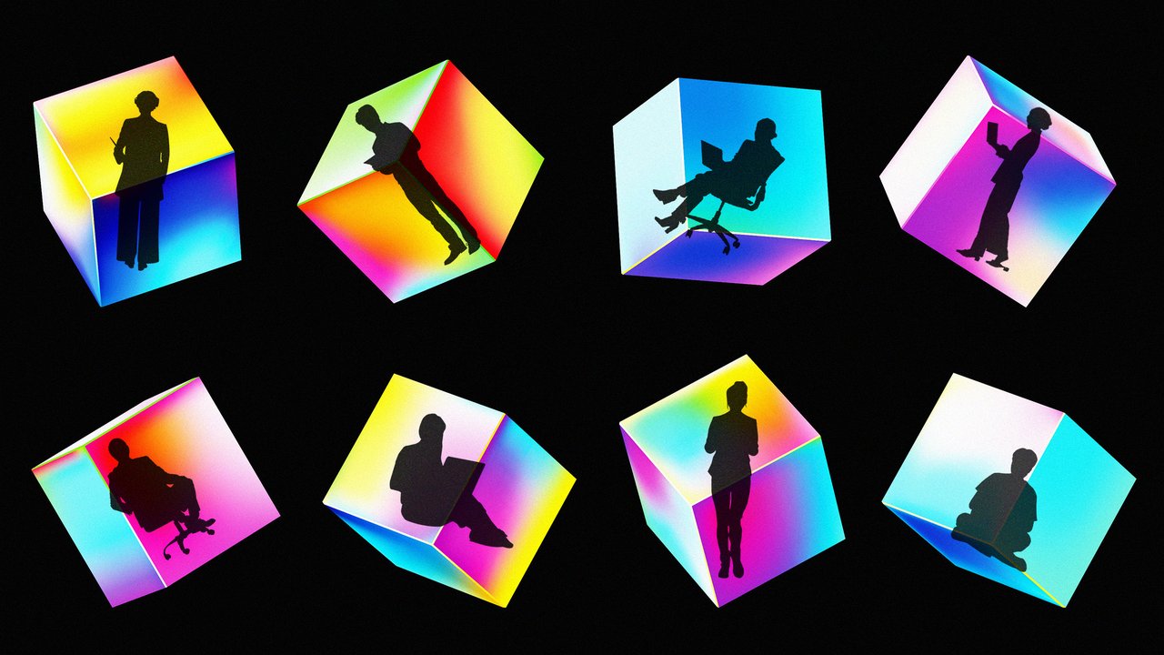 각자의 큐브 안에서 혼자 일하는 사람들의 실루엣 — 1인 AI 기업 시대를 상징하는 일러스트레이션