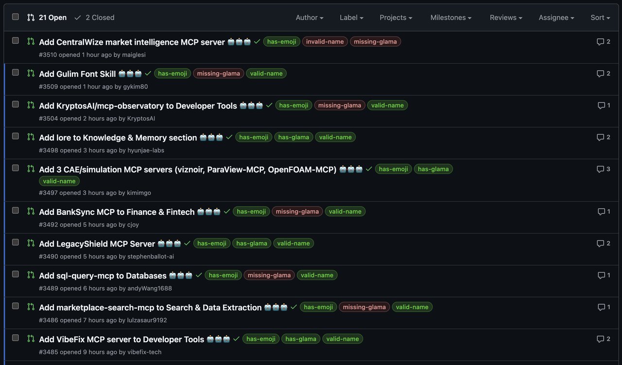 로봇 이모지가 달린 AI 봇 기여 요청 목록