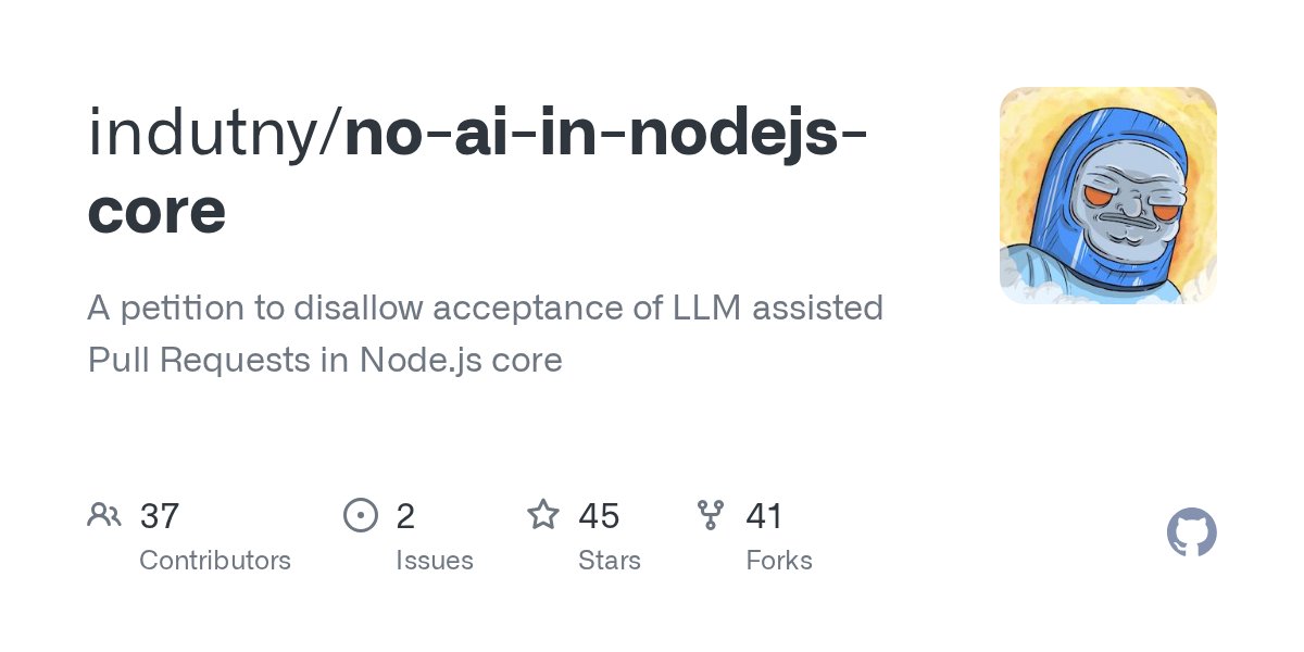 GitHub의 no-ai-in-nodejs-core 청원 저장소 — A petition to disallow acceptance of LLM assisted Pull Requests in Node.js core