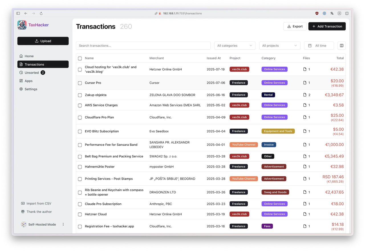 TaxHacker 거래 목록 - 260건의 거래를 카테고리 프로젝트별로 정리한 화면