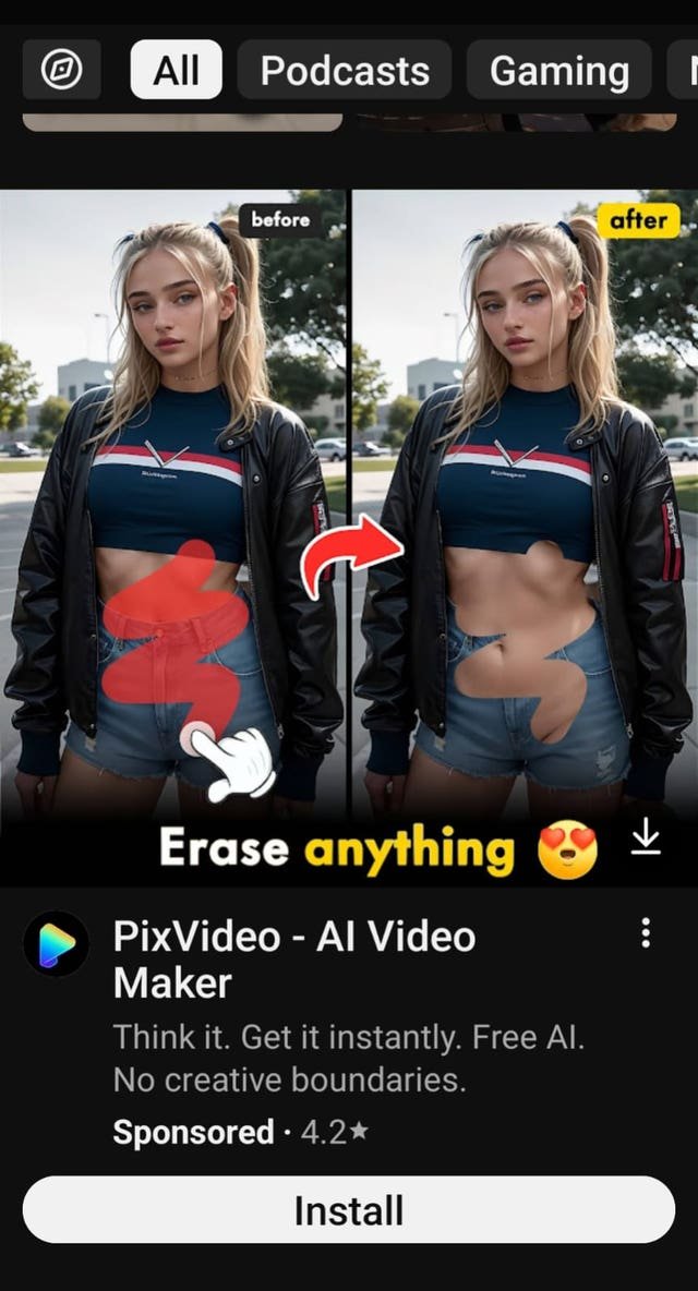 영국 ASA가 금지 처분한 PixVideo AI 앱의 유튜브 광고 스크린샷