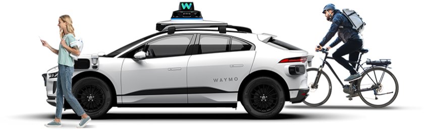 Waymo 자율주행 차량 옆으로 보행자와 자전거 이용자가 지나가는 모습