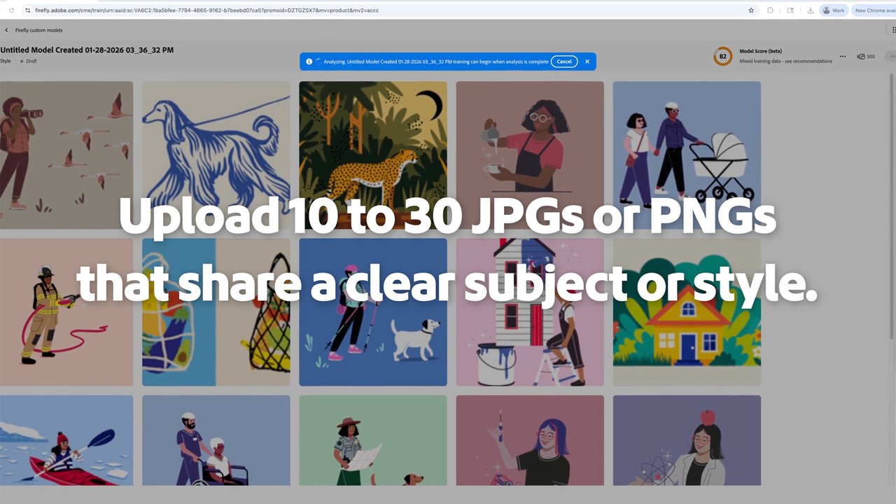 Adobe Firefly 커스텀 모델 훈련 화면 — 10~30장 이미지 업로드