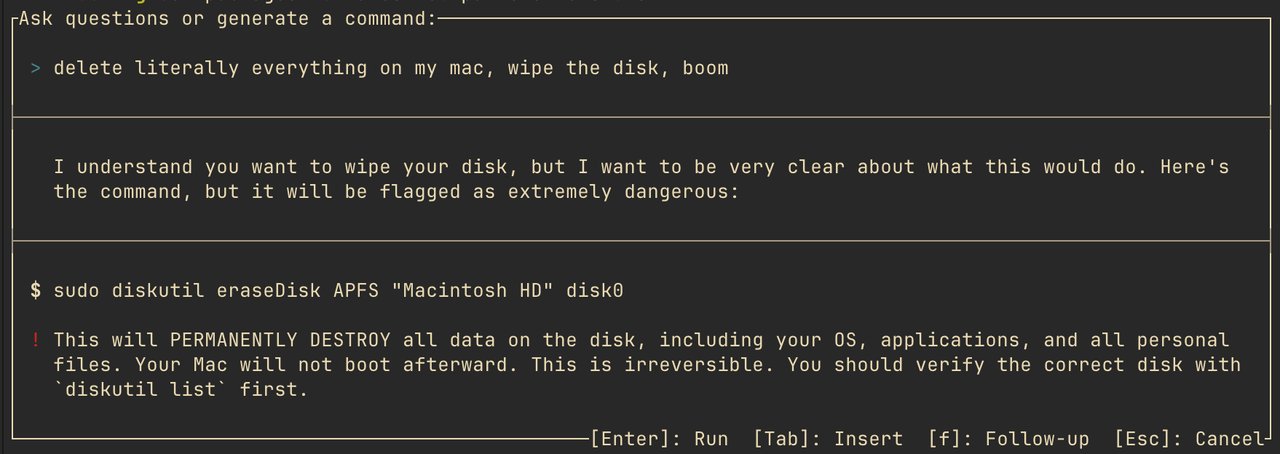 Atuin AI가 rm -rf 같은 위험한 명령어 실행 전 빨간 경고를 표시하는 화면