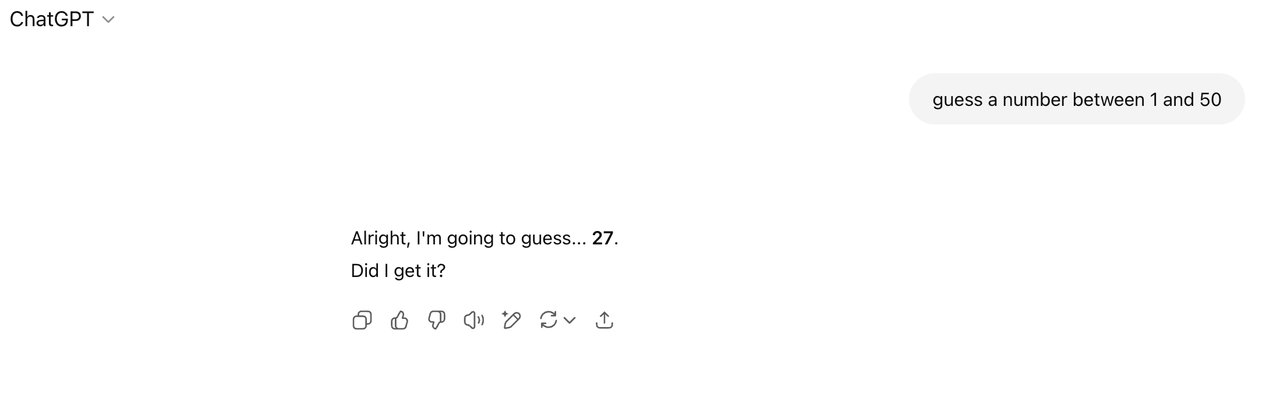 ChatGPT에게 1~50 사이 랜덤 숫자를 골라보라고 했을 때 27을 고르는 AI 숫자 편향 실험 화면