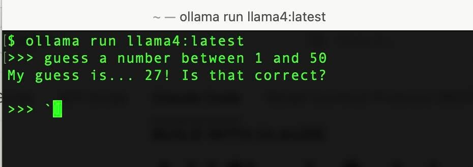 Ollama에서 Llama 4 모델에게 랜덤 숫자를 골라보라고 했을 때도 27을 고르는 터미널 화면