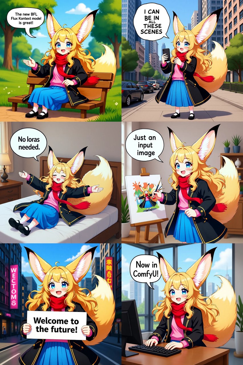 ComfyUI Flux Kontext 모델로 생성한 AI 만화 — 같은 캐릭터가 다양한 장면에 등장하는 예시