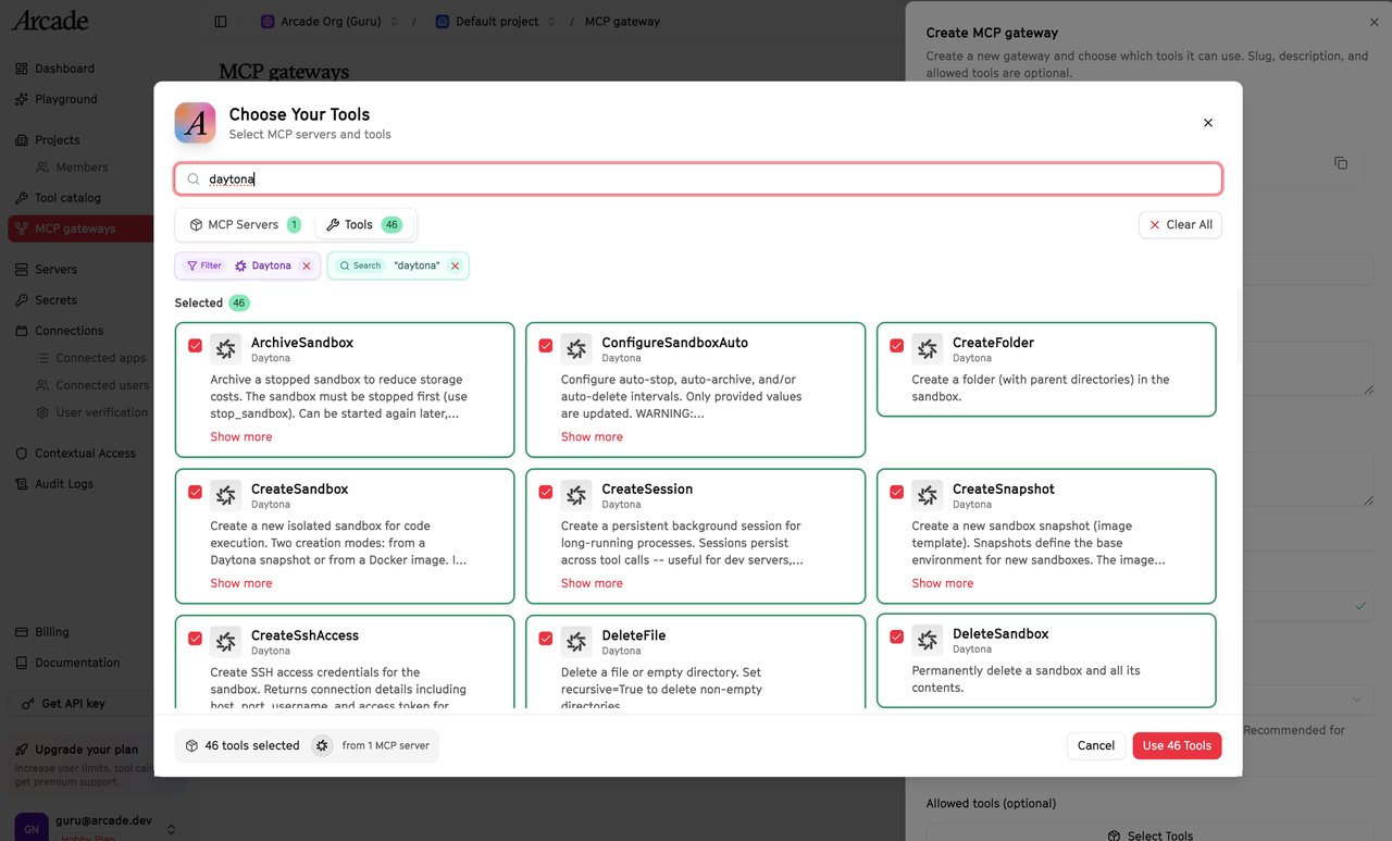 Arcade에서 Daytona 46개 도구를 선택하는 화면 — 샌드박스 생성, 파일 관리, 세션 생성 등