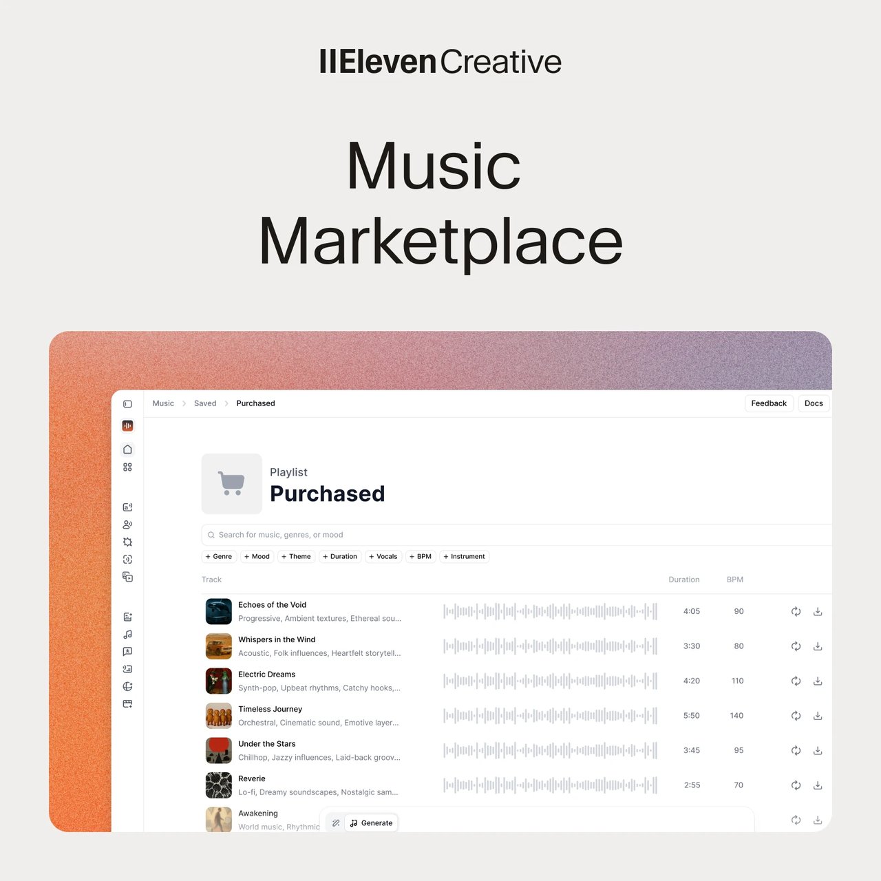 ElevenCreative 뮤직 마켓플레이스 상세 인터페이스 — AI 음악 라이선스 선택 화면