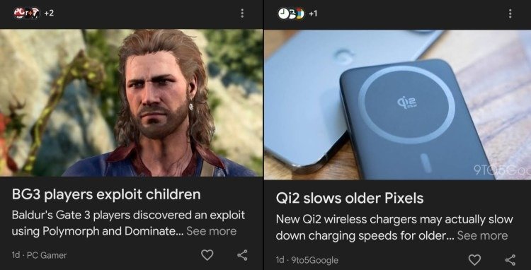 구글 AI가 만든 오해 유발 뉴스 제목 비교 — BG3 players exploit children과 Qi2 slows older Pixels