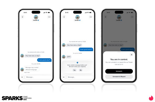 Tinder 안전 기능 — AI가 불쾌한 메시지를 감지하고 경고하는 화면
