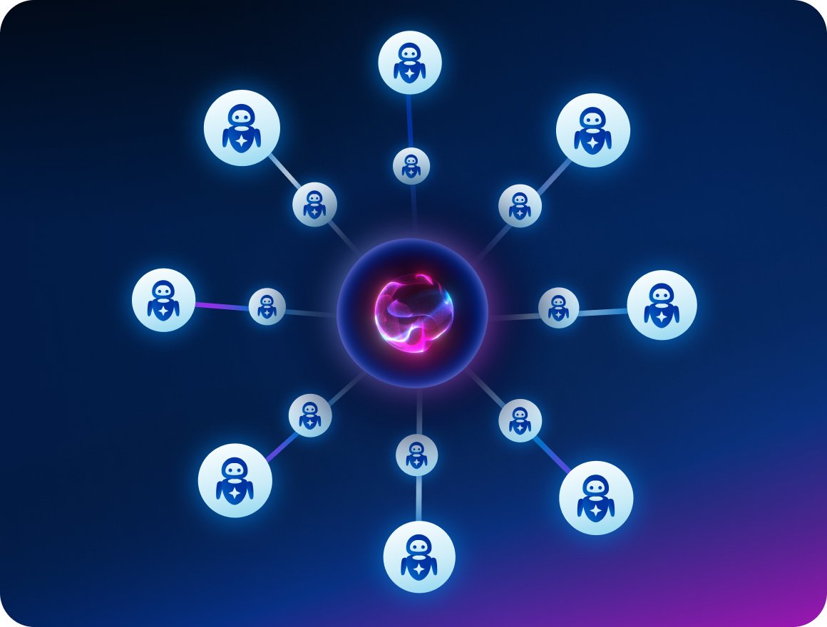AI 에이전트 네트워크 - 하나의 중심에 연결된 여러 AI 비서들의 관계를 보여주는 다이어그램