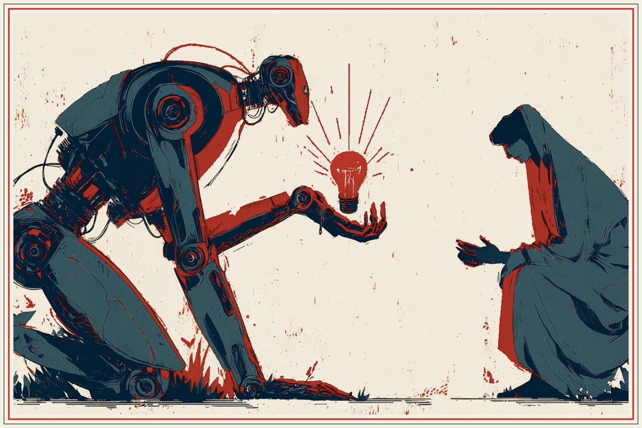 AI 인지적 항복 개념 — 인간에게 아이디어를 건네는 AI 일러스트레이션