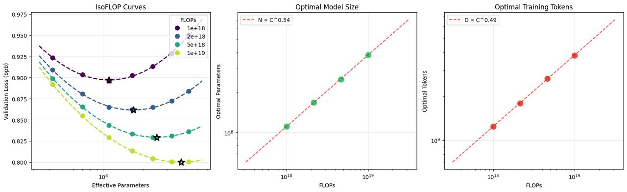 nanochat 프로젝트의 스케일링 법칙 차트 — 모델 크기와 연산량에 따른 최적 학습 설정을 보여준다