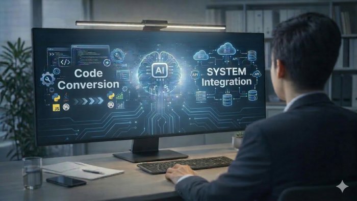 KB국민은행 AI 코볼 자바 코드 변환 과정과 개발자 인력 감축을 설명하는 일러스트레이션