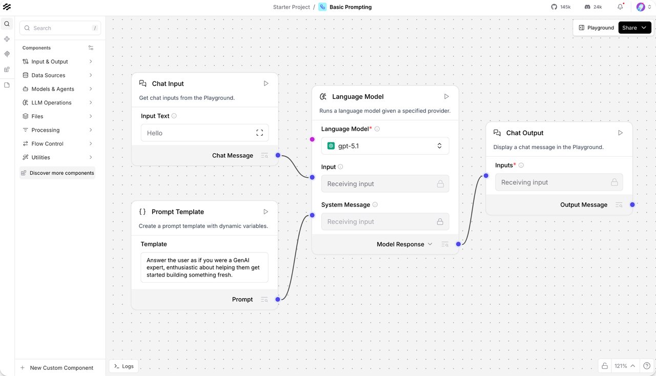 Langflow 비주얼 에디터 화면 — 블록을 연결해서 AI 워크플로우를 만드는 노코드 인터페이스