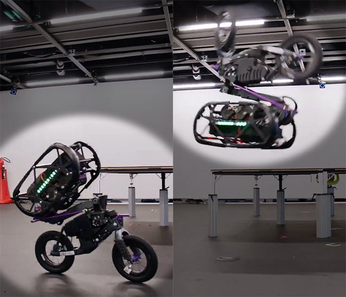 UMV 로봇이 윌리와 공중제비를 수행하는 연속 동작 장면