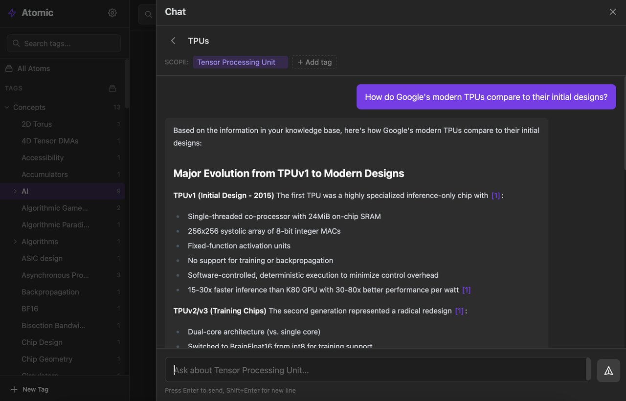 Atomic AI 채팅 화면 — TPU 비교 질문에 메모 출처가 달린 RAG 답변