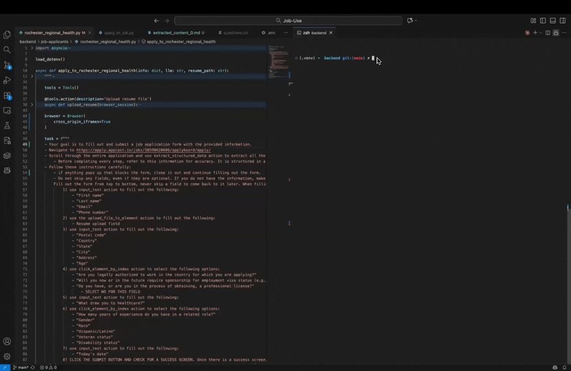 browser-use AI 브라우저 자동화로 입사 지원 폼을 자동 작성하는 데모 화면