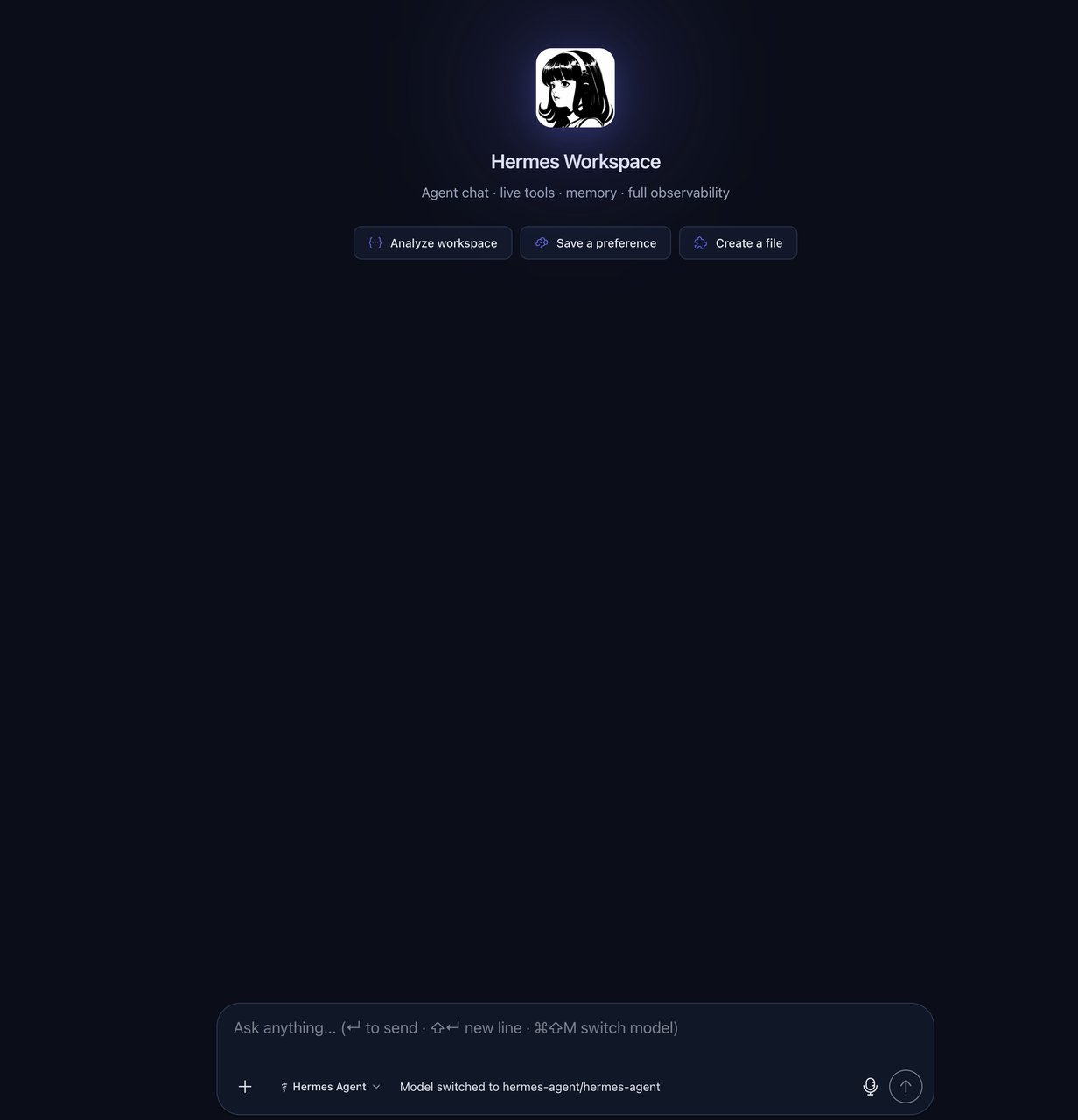 Hermes Workspace 채팅 인터페이스 — 분석, 기억 저장, 파일 생성 등 빠른 실행 버튼 제공