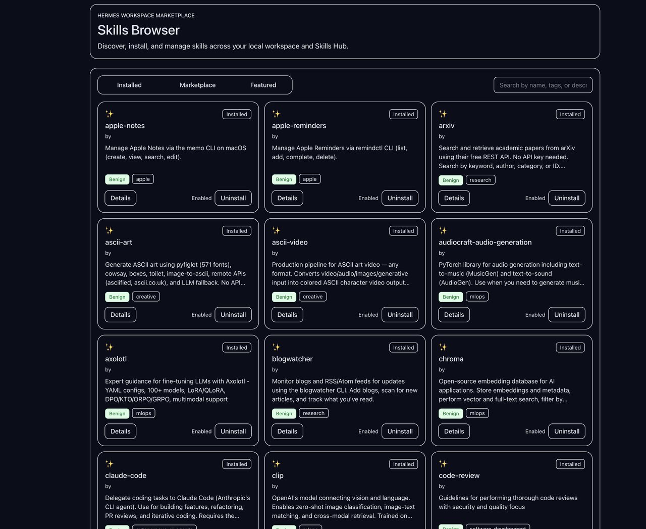 Hermes Agent 스킬 브라우저 — 애플 노트, 논문 검색, 코드 리뷰, 블로그 모니터링 등 다양한 AI 자동화 스킬 카드
