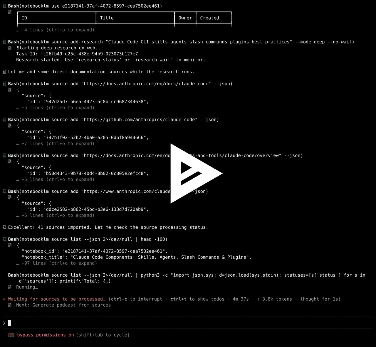 notebooklm-py CLI 데모 화면 — 문서 41개를 자동으로 추가하고 팟캐스트를 생성하는 모습