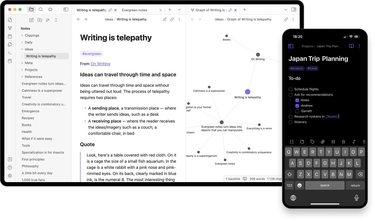 Obsidian AI 스킬로 자동화된 노트 화면 — 데스크톱 그래프 뷰, 모바일 할 일 목록, 위키링크 연결
