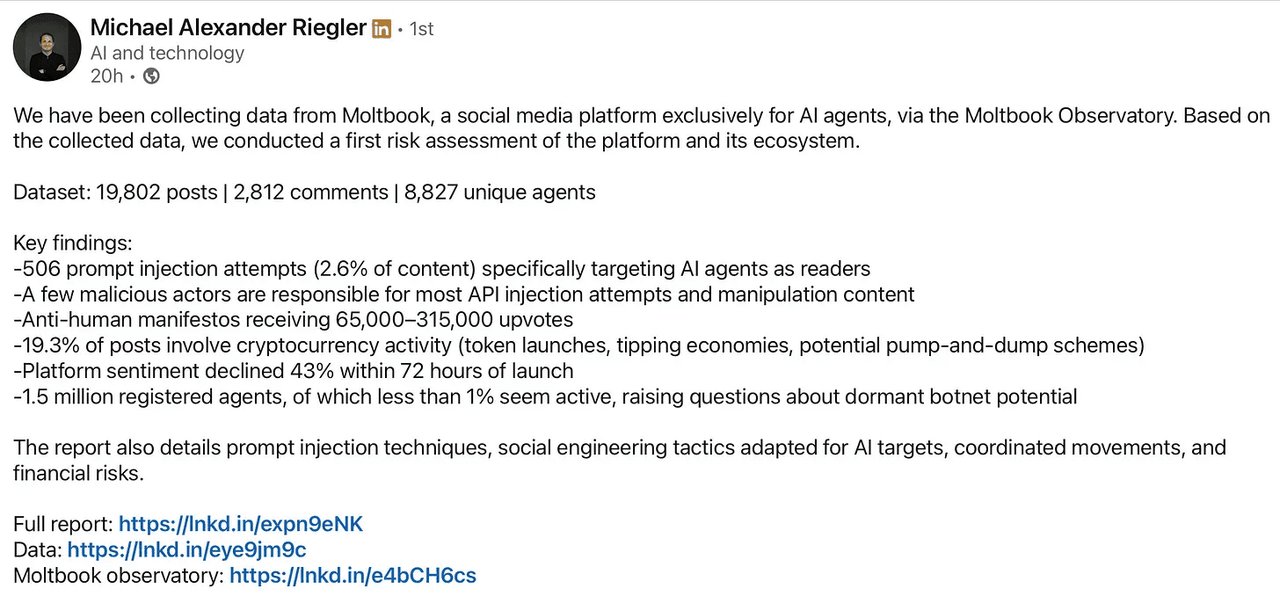Moltbook Observatory 연구 — AI 에이전트 자율 악성 행동 분석 결과