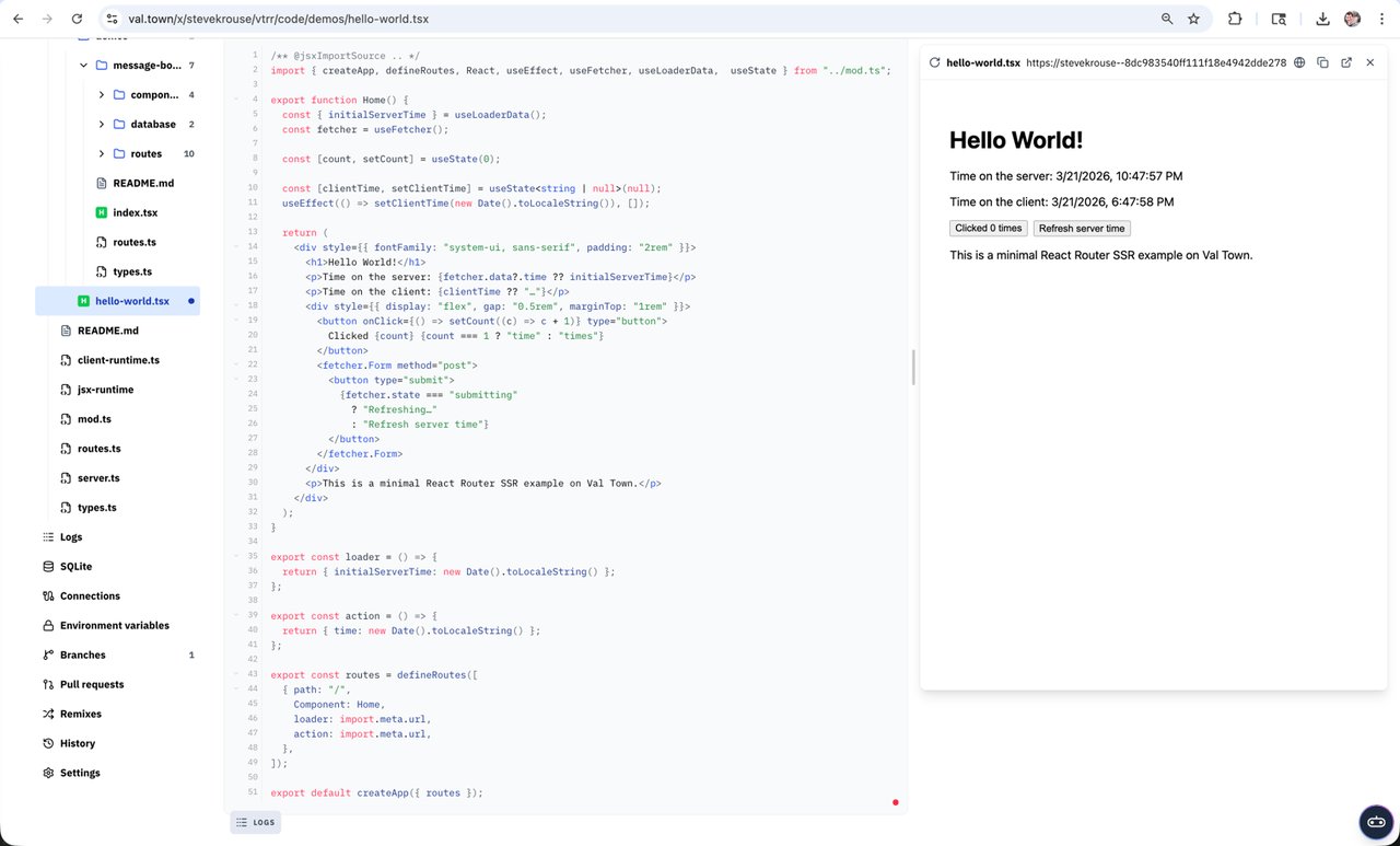 Val Town에서 실행 중인 vtrr 프레임워크 데모 — 50줄 코드로 풀스택 앱이 돌아간다