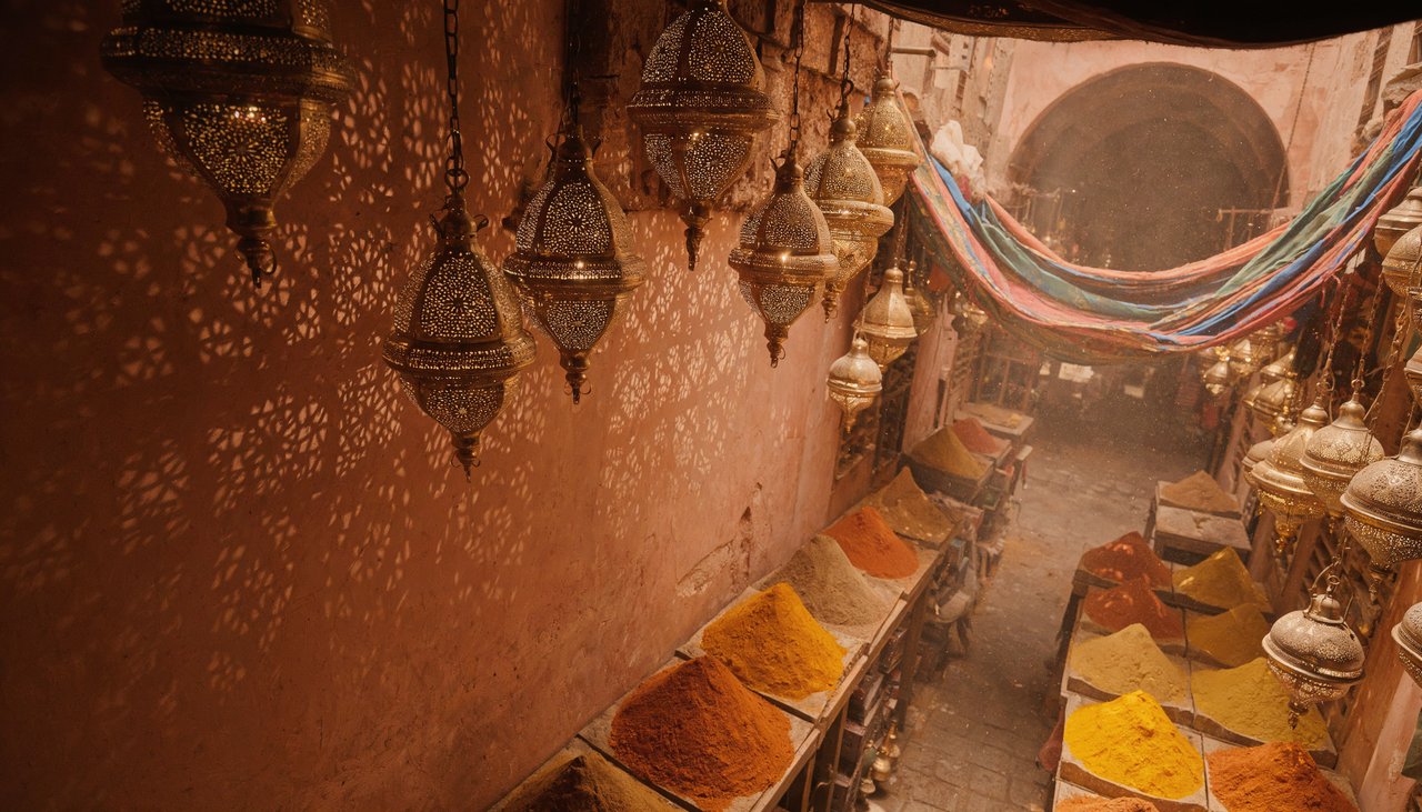 Uni-1이 생성한 향신료 시장 이미지 — 랜턴 조명과 그림자 패턴의 물리적 정확성