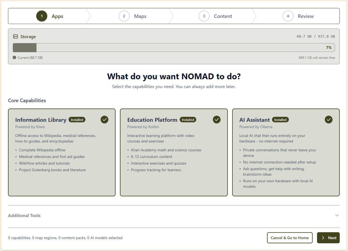Project NOMAD 설치 마법사 — 정보 라이브러리, 교육 플랫폼, AI 어시스턴트 중 원하는 기능을 선택