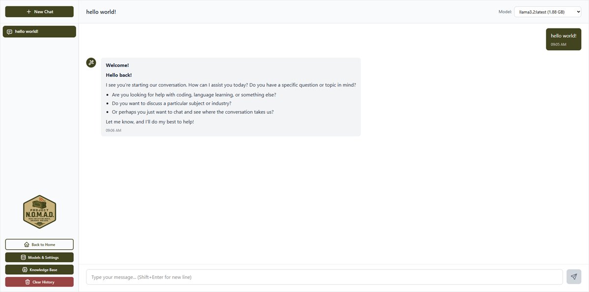 Project NOMAD 오프라인 AI 채팅 화면 — Ollama 기반 로컬 LLM이 인터넷 없이 응답