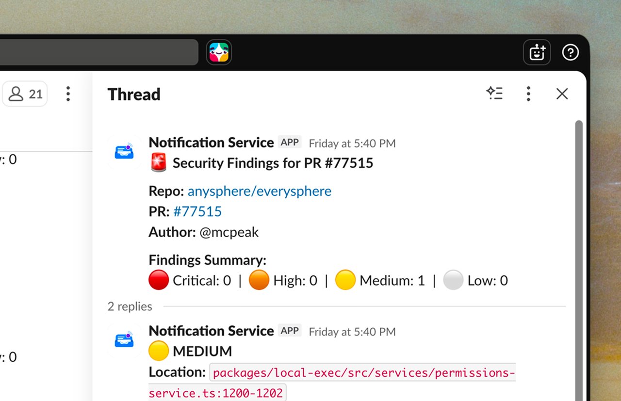 Cursor 보안 에이전트가 Slack으로 보낸 취약점 알림 스크린샷