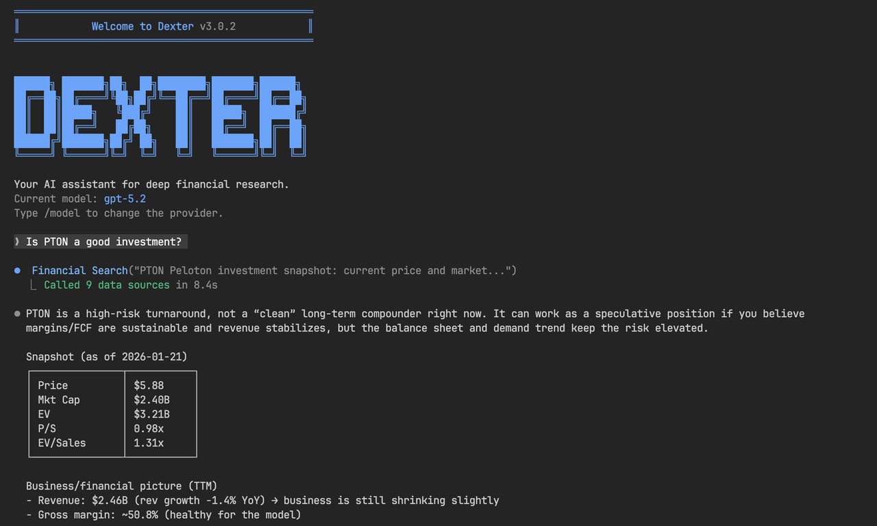 Dexter 터미널 화면 — PTON(Peloton) 종목 분석 결과. 8.4초 만에 9개 데이터 소스를 조회해서 주가, 시가총액, 매출, 마진 등을 정리한 모습